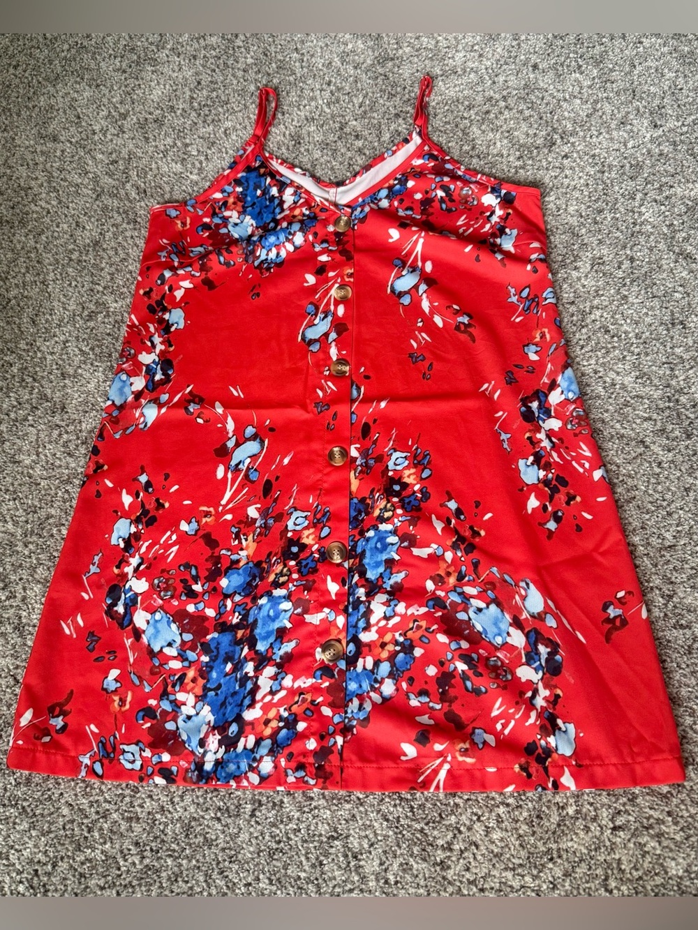 Amazon Red Floral Button-Front Mini Dress with Blue Accents